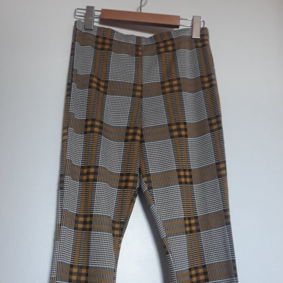 Topshop Womens' Plaid Pants, Flare Leg, Elastic Waist; Yellow/Black/White Sz 6 - Picture 2 of 10